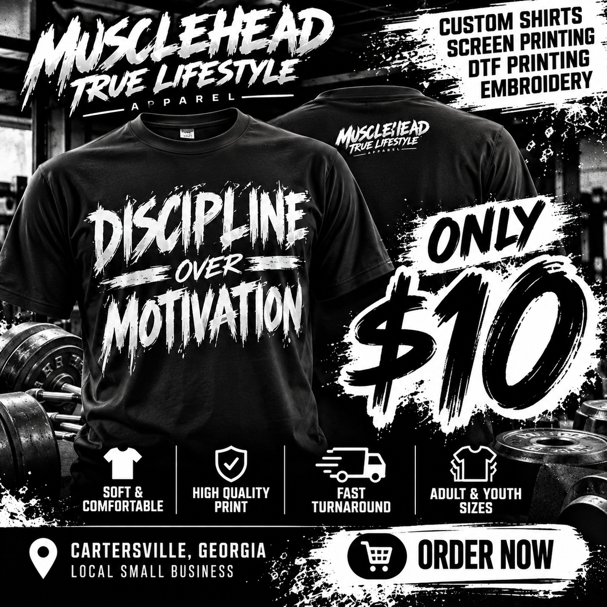Black and white $10 Discipline Over Motivation T-shirt promotional graphic